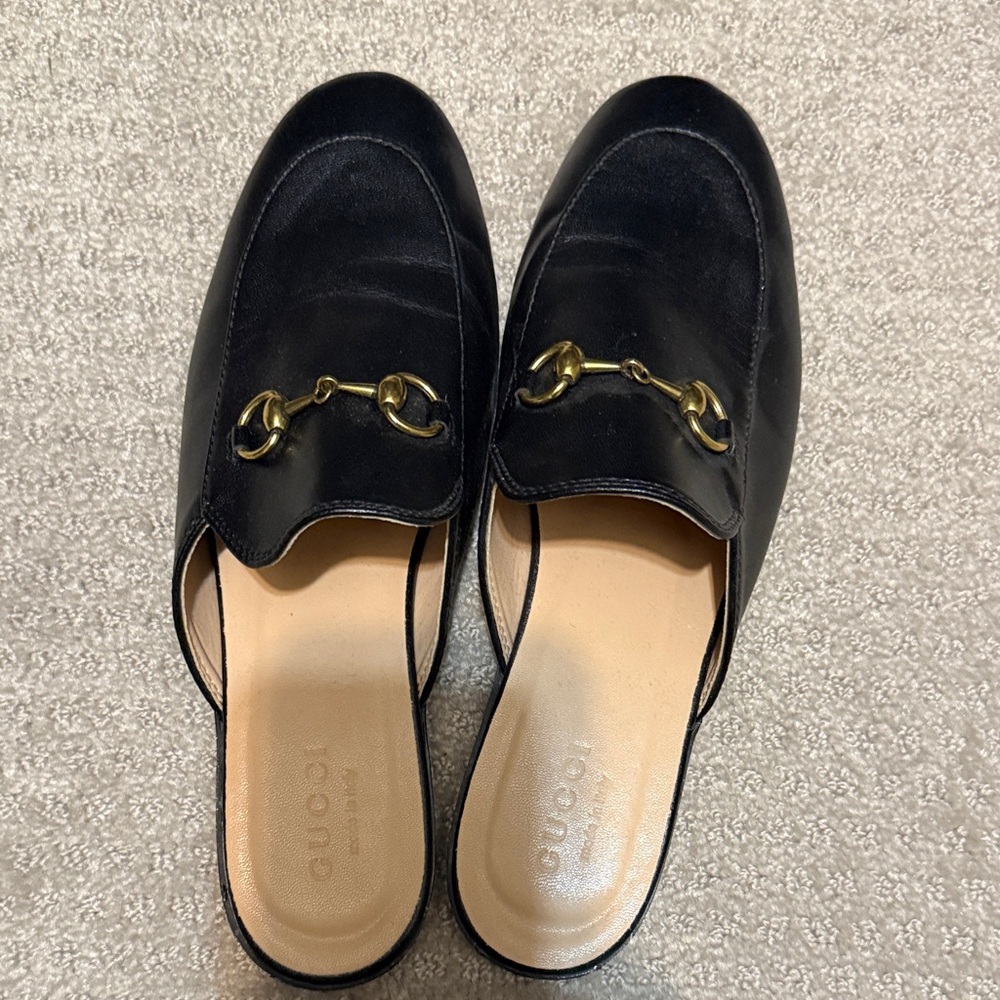 Gucci Black Leather Mules with Gold Hardware